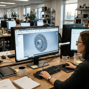Engineer operating computer with 3D gear model on screen